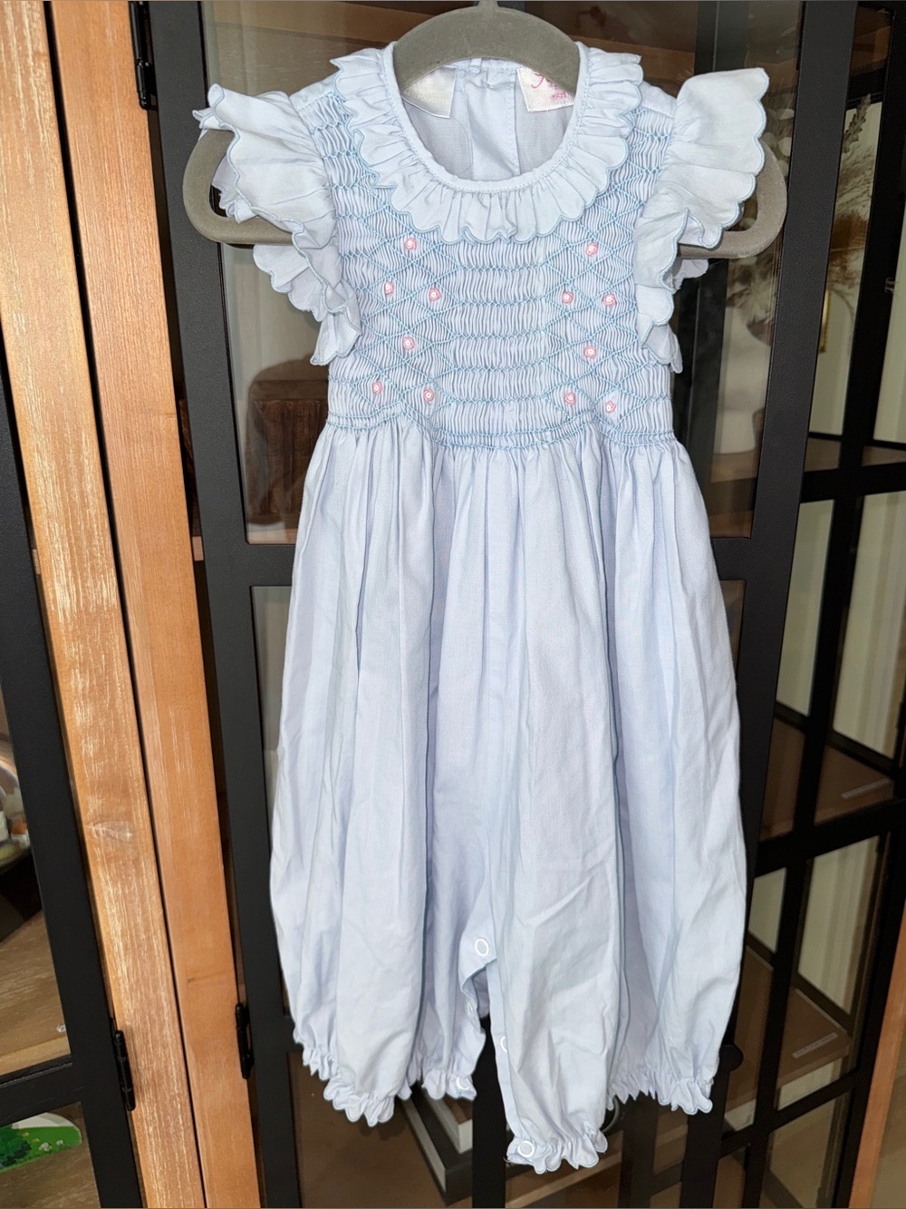 Vintage smocked romper rosettes collar jumpsuit baby girl heirloom scalloped